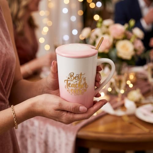 Image of ZAICUS Best Teacher Ever Coffee Mug with Lid & Spoon, Gift for Teachers | Ideal for Coffee, Tea & Daily Use | Perfect Teacher Appreciation Gift | White & Pink Gradient Design