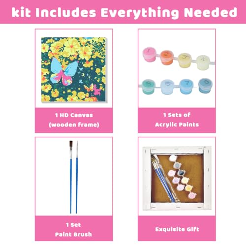Image of HASTHIP DIY Paint by Numbers Kit for Adults & Kids, Butterfly Flower Blossom Landscape Painting on Canvas, Beginner-Friendly Acrylic Painting Set with Brushes & Numbered Pigments, 20x20cm