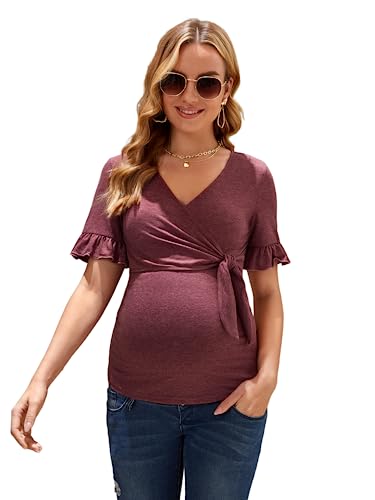Soly Hux Women's Maternity Summer T Shirt Casual Ruffle Wrap V Neck Tie Front Pregnancy Tee Top Rose Red S #TOP30