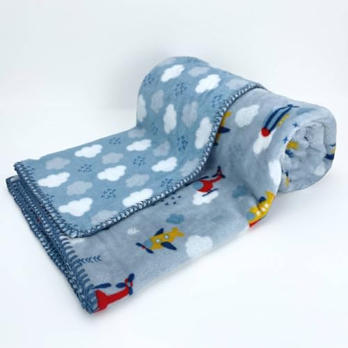 baby idea - Copertina Neonato Invernale Di Alta Qualità Calda e Morbida Con Profilo Ricamato a Mano Copertina Lettino Made In Italy (135 X 110, Aereoplano)