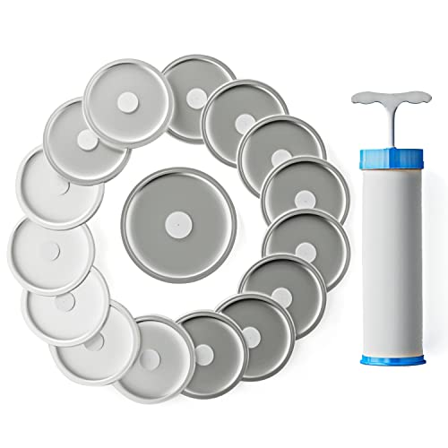 Finway Mason Jar Lids Vacuum Sealer Set,16 Pcs Stainless Steel Lid Split-Type With Vacuum Valve,With A Manual Portable Vacuum Hand Pump For Wide-Mouth Mason-Type Jars For Food Storage 3.4In/86Mm #TOP7