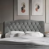 Castle Place Queen Crystal Diamond Button Tufted Velvet Upholstered Adjustable Headboard, Light Grey