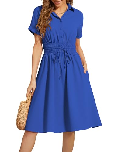 ECOWISH Summer Button Mini Shirt Dresses for Women V Neck Short Sleeve Petite Work Casual Smocked Empire Waist Dress Pockets Royal Blue Large