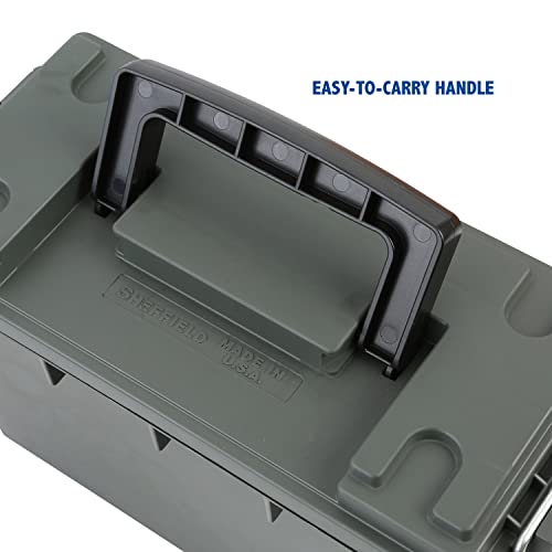 Image of Sheffield 12626 Ammo Storage Box, Stackable .30 Cal Field Boxes, Water and Dust Resistant, Lockable Storage Box with Handle, Secures Hunting Gear, Supplies, and Bullets, Made in USA, Green(Pack of 6)