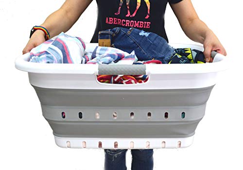 SAMMART 41L (10.8 gallon) Set of 2 Collapsible 3 Handled Plastic Laundry Basket-Foldable Pop Up Storage Container/Organizer-Space Saving Hamper/Basket (2, White/Grey)