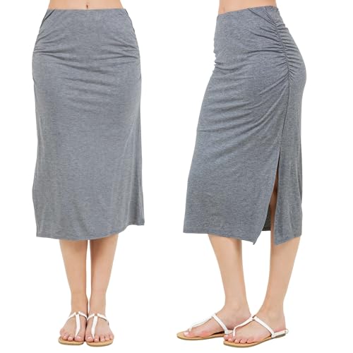 Image of Azules Women's Stretchy Midi Skirt, Ruched Bodycon Jersey Knit Skirt with Side Slit Pull-On High Waist Fit