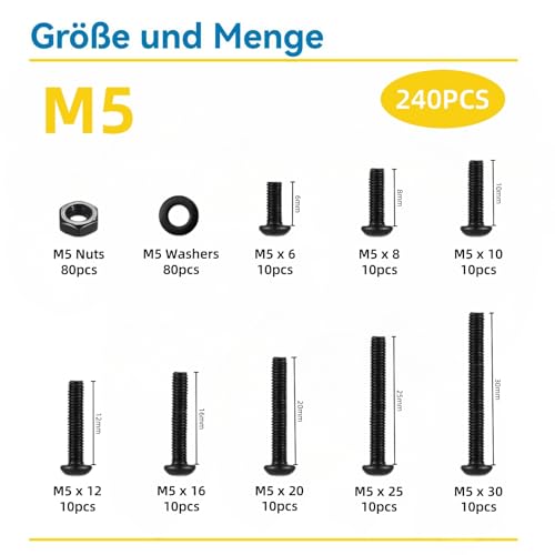 WZHUIDA 240 Stück M5 Schrauben Set, Schwarz Metrisch Linsenkopfschrauben Innensechskant Schrauben Muttern und Unterlegscheiben Sortiment Set, Gewindemaschinen Sechskantschrauben