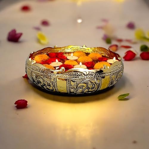 Image of Decorative Embossed Urli Bowl | Aluminium Urli Pot for Floating Flowers and Tea Light Candles Home Office Table Decor Diwali Decoration Items (Brass Antique, Large (12 inch))