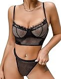 Women Sexy Exotic Eyelash Lingerie Sets Fishnet Bra and Panty Set High Waisted Mesh Underwear Black
