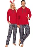 SWOMOG Couples Christmas Matching Pajamas Set Women & Men Long Sleeve Sleepwear Hooded Top Plaid Pants Pjs with Pockets Women Red Small