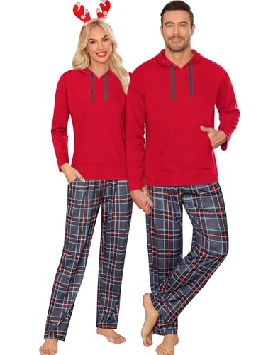 SWOMOG Couples Christmas Matching Pajamas Set Women & Men Long Sleeve Sleepwear Hooded Top Plaid Pants Pjs Men Red XX-Large