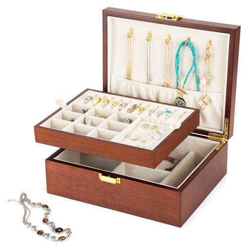Slege Joyero Mujer de Madera,2 Capas Caja de Joyería, Hecho a Mano Organizador Joyas,Porta Joyas,Caja Joyero para Collares,Aretes,Pulseras y Anillos,Regalo para Mujeres y Niñas,Moderno