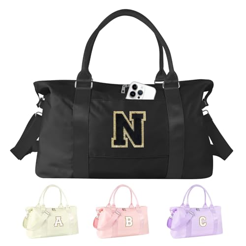 Dance Gym Duffel Bag for Teen Girls,Personalized Initial Travel Weekender Bag,Overnight Carry On Duffle for Women,Sports Travel Cheer Bag,Monogram Graduation Birthday Gifts for Tween Preppy(black-N)