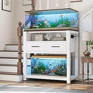 20-29 Gallon Aquarium Stand with Stable Metal Frame & Power Outlet, Heavy-Duty Fish Tank Stand with Waterproof Mat, 550LBS Capacity Storage Cabinet, White+Brown