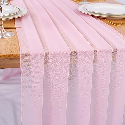 RuiYok 10ft Blushing Pink Chiffon Table Runner 30 x 120 Inches Romantic Sheer Table Decorations Long Tulle Runner for Wedding Bridal Shower Party Supplies Decor