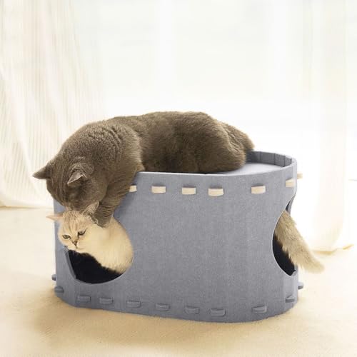 キャットハウス 猫用爪とぎ 遊び場 猫ハウス ストレス解消 通気 隠れ家 2階 組立簡単 キャットタワー 爪とぎベッド 猫箱 多頭飼い ペット用品 (グレー, 1)