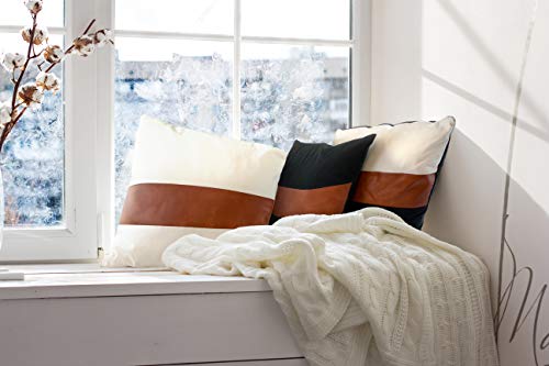 Cozy Faux Leather And Cotton Decorative Throw Pillows Covers For Couch Or Bed. Set Of 3. Black, Brown And White Cushion Covers. 18 X 18 Inch Pillow Cover. Modern Boho Or Farmhouse Decorative Pillows. #TOP4