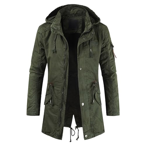 DGHM-JLMY Men Full-Zip Hood Cotton Parka Jacket Coat Long Back Split Collar Hooded Windbreaker Mid-Long Military Coat Pockets