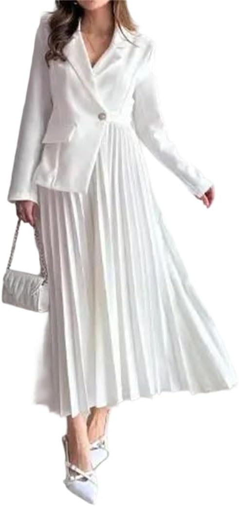 Women Long Sleeve Button Top Folded Skirt Set Solid Color Elegant Office Professional