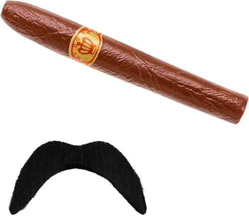 Kit Faux Cigare et Fausse Moustache Adhésive Noire I Déguisement Accessoire Homme Plastique I Méxicain Bandit Cubain Italien I Années 70 80 Gringo Gangster Mafia Pirate I Carnaval Halloween