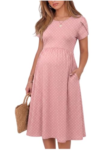 Pregnant Women's Maternity Midi Dress with Pockets Polka Dot Casual