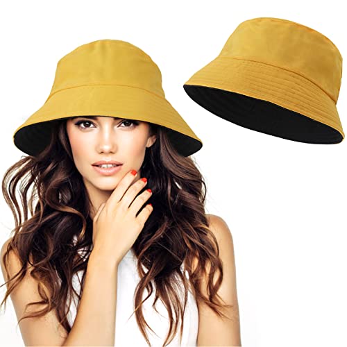 Wllhyf Bucket Hats Reversible, Dual Color Cotton Bucket Hat Foldable Sun Hat Fishing Hat Beach Cap Outdoor Summer Travel Unisex (Black/Yellow) #TOP7