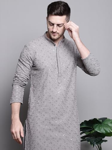 Image of Jompers Men's Geometric Sequin Embroidered Pure Cotton Kurta with Pyjamas Set