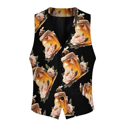 Bee Peonies Flowers Men's Suit Vests Business Formal Dress Vest V-Neck Waistcoat for Wedding Casual4