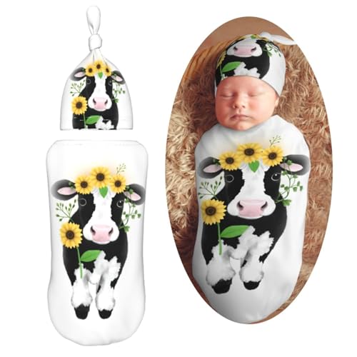 Image of Ornate Cow in Sunflowers Newborn Swaddle Blanket with Beanie Set Soft Baby Sleep Sack Stretch Adjustable Swaddle Wraps Receiving Blankets