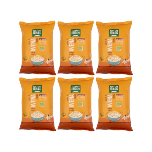 NaturGreen - Copos De Avena Finos, Avena Sin Gluten Bio, Integral, Ideal para Desayuno, 100% Ecológico - 1Kg, Pack 6 unidades