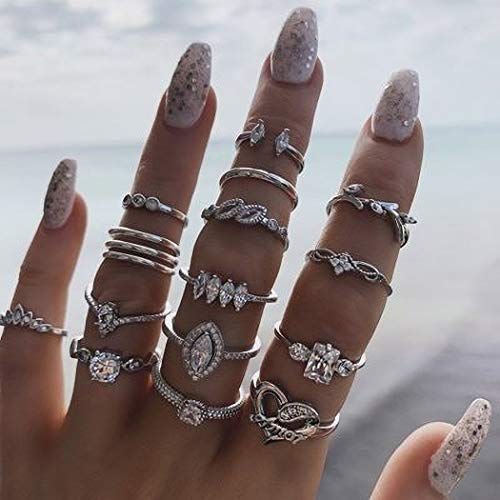Haloty Boho Crystal Joint Knuckle Rings Silver Gemstone Mid Stackable Rings Set Cube Love Finger Ring Jewelry for Women and Girls (15PCS)