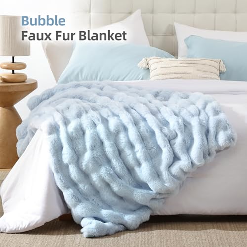 Smoofy Faux Fur Throw Blanket for Couch Rabbit Fleece - Light Blue Fluffy Blanket for Sofa Bedroom Living Room, Cozy Soft Plush Luxury Thick Winter Fuzzy Comfy Bubble Blanket - 60" x 80"