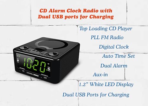 HANNLOMAX HX-300CD Top Loading CD Player, PLL FM Radio, Digital Clock, Dual Alarm, 1.2\" Green LED Display, Dual USB Ports for 1A and 2.1A Charging, Aux-in, AC/DC Adapter Included (Black)