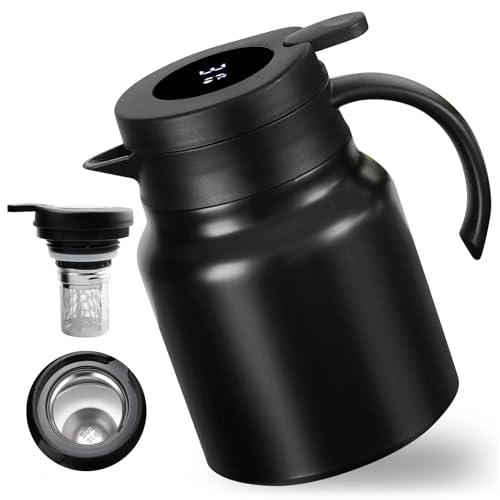Thermoskanne, 1 L Isolierkanne Mit Teesieb, Kaffeekanne Mit Temperaturanzeige, 316 Edelstahl Teekanne Thermo, Isolierte Kaffeekanne Für Kaffee, Heißes Wasser, Tee, Heiße Getränke, Schwarz