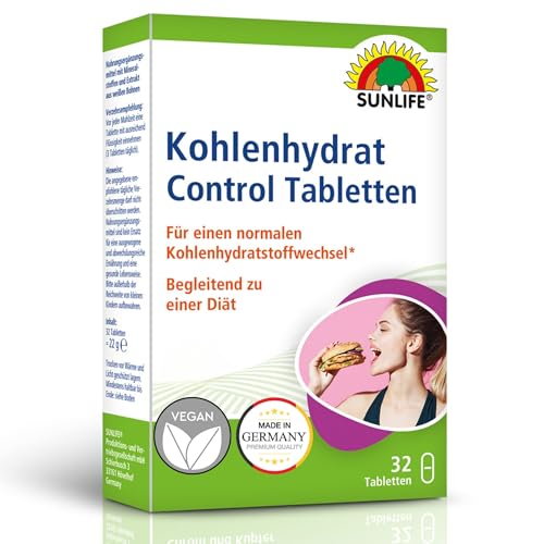 SUNLIFE Kohlenhydrat Control Tabletten - 1x32 Stück - hochwertige Stoffwechsel Tabletten mit Chrom/Kupfer & Zink - Nahrungsergänzung mit White Kidney Bean Extrakt - vegan/gluten- & laktosefrei