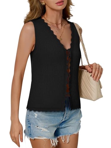 Image of COCCKO Womens Summer Tops Vacation Beach Outfits Cute Tie Front Crochet Vest Knit Sleeveless Sweaters