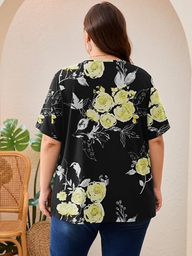 AusLook Plus Size Floral Tunic Tops for Women Pleated Babydoll Blouse Short Sleeve Round Neck Loose Fit Casual Flowy Black Golden Floral 5X Tunic Shirts Summer Tops to Wear with Leggings — view 6