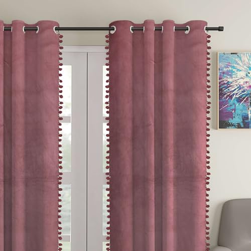 Image of STITCHNEST Premium Velvet Semi Blackout Curtains with Pom Pom - Pack of 1 Door Curtains, Elegant Peach Color - Room Darkening for Bedroom & Living Room (Size: 9ft)