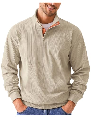 COZYPOIN Men's Corduroy Sweatshirts Casual Stand Collar Button Long Sleeve Henley Pullover Sweater with Elbow Patches(Beige-XL)