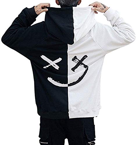 Babamoon Fashion Men Hooded Jerseys Long Sleeve Contrast Color Smile Hip-Hop Sweatshirt Hoodies (Black White, L) #TOP8