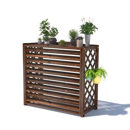 Cubierta de privacidad para aire acondicionado en terrazas con valla de madera y soporte de plantas