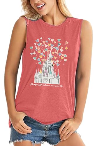 Magic Castle Tank Top Women Happiest Place On Earth Graphic Sleeveless Summer Holiday Vacation Trip Tops Shirts Orangepink L