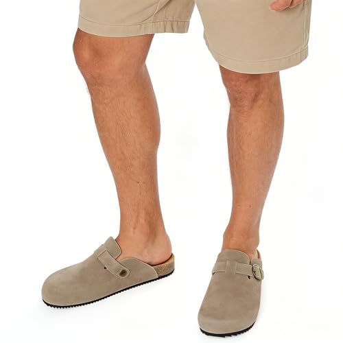 Image of Genuine Suede Clogs Womens Mens Cork Footbed Sandals Potato Shoes | Unisex Suede Leather Mules ,Arch Support,Adjustable Metal Buckle,Cork and Rubber,Wonderful Quality