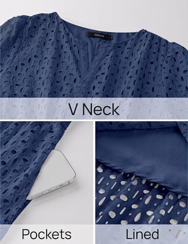 Image of ZESICA Summer Dresses for Women 2026 Casual V Neck Short Sleeve Eyelet A Line Beach Vacation Long Maxi Dresses