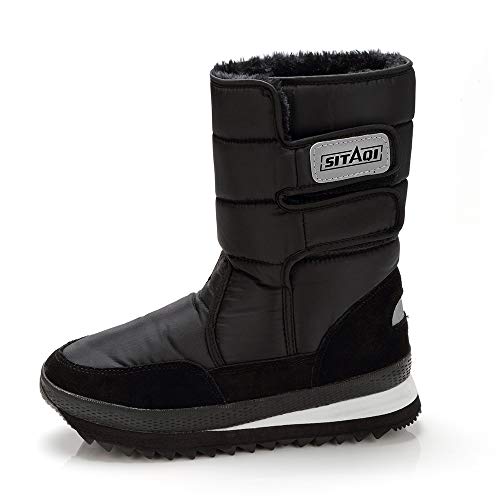 PAMRAY Stiefeletten Winterschuhe Damen Schneestiefel Thermal Fleece Gefu00a1u00a71tterte Klettverschluss Boots Winddicht Plateau 4cm rutschfest Wandern Radfahren Alles-Schwarz 47