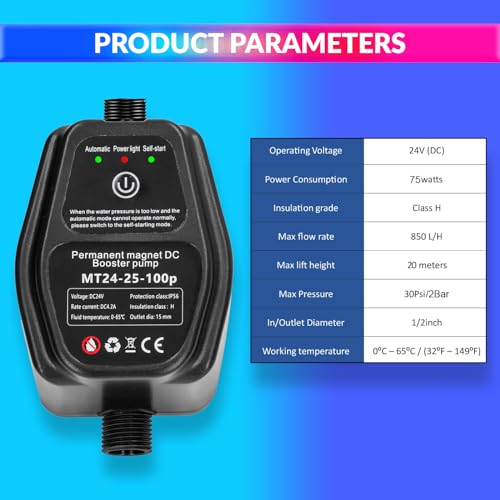 amiciFlo 75W Water Pressure Booster Pump, 24VDC Intelligent Water Pump to Boost Water Flow with Automatic On/Off Flow Switch, 30PSI, 850L/H Flow Rate and 20m Lift Height