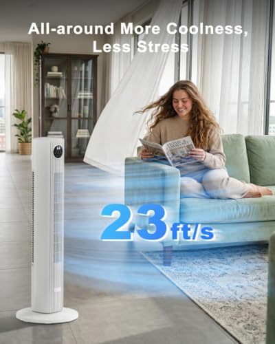 Image of Antarctic Star 36 inch Tower Fan for Bedroom, 85 Oscillating Standing Floor Fan, 3 Speeds 2 Modes, 23 ft /s High Velocity, 12H Timer with Remote, Portable Cooling Fan Living Room Office, White