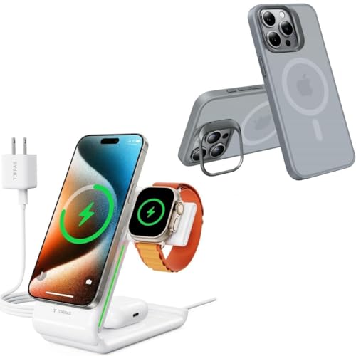 TORRAS Lstand iPhone 15 Pro Max Case Tianium & 3 in 1 Charging Station with MagSafe Charger Stand