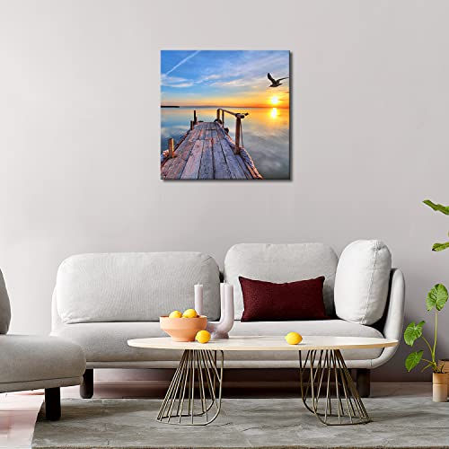 My Easy Art- Lake Under Sunset Wall Art Decor Bird Flying Over The Pier In Tropical Island Canvas Pictures Artwork Nature Nautical Landscape 24X24 Inch Painting Prints For Home Bathroom #TOP2