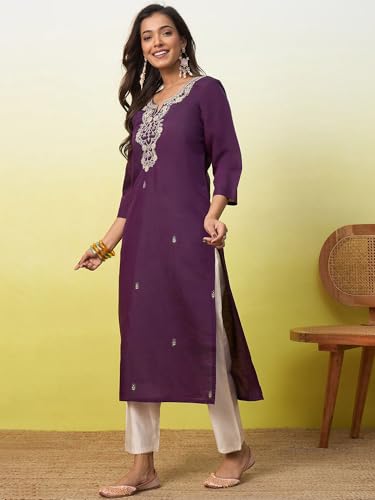 Image of Women's Embroidered Silk Straight Kurta Kurti | Below Knee Kurtas for Women Traditional Indian Wear Outfit Suitable Casual Festive Office Styling